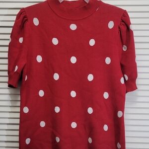 BYdesign XL Red White Polka Dot Mock Neck Puff Sleeve Knit Sweater Women